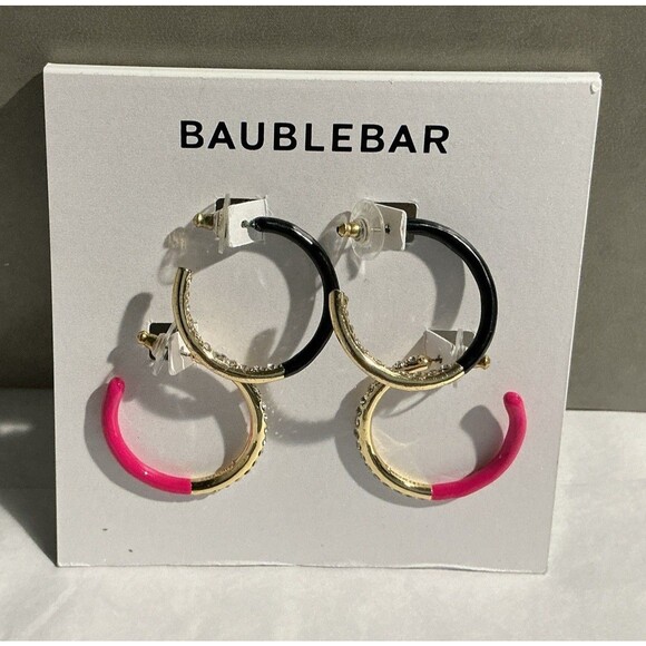 NEW Baublebar Pink & Black Enamel Hoops Gold Rhinestones 2 Pair - Picture 1 of 4